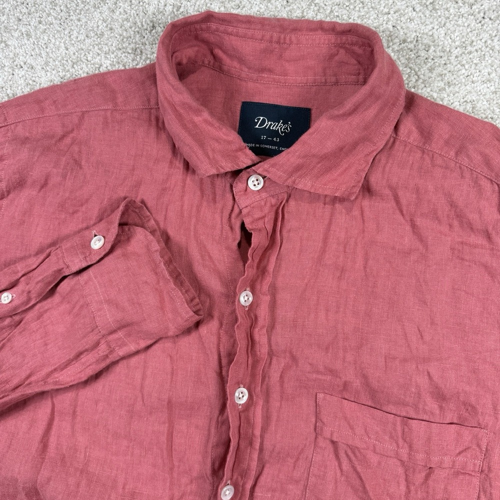 Drakes Shirt Made in England 100% Linen Men's Salmon‎ Red Shirt 17 43